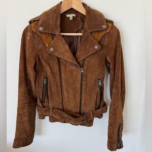 Brown Suede Belted Moto Jacket